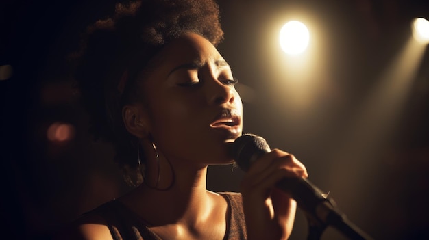 Photo chanteuse africanamerican young adult performing on stage chantant dans un microphone dans la salle de concert generative ai aig22