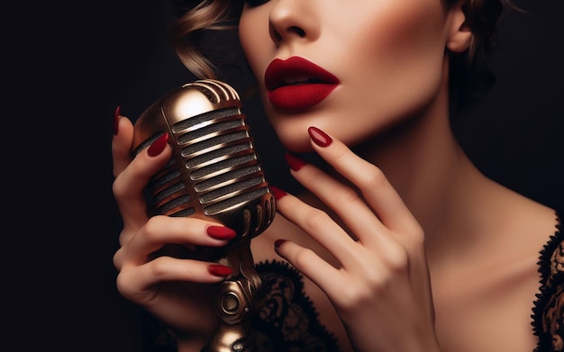 Une chanteuse à l'ancienne tenant un microphone antique vernis à ongles rouge lèvres rouges fond noir