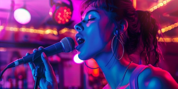 Une chanteuse passionnée se produit dans un club de nuit vibrant