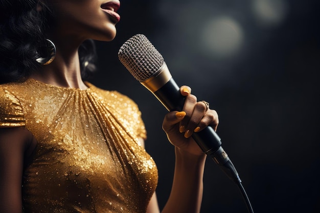 Chanteuse en robe dorée avec microphone pour l'enregistrement robe audacieuse mais élégante