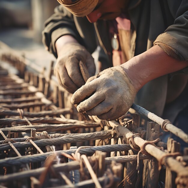 Sur le chantier de construction, les bâtisseurs fixent des barres d'acier d'armature Ai générative