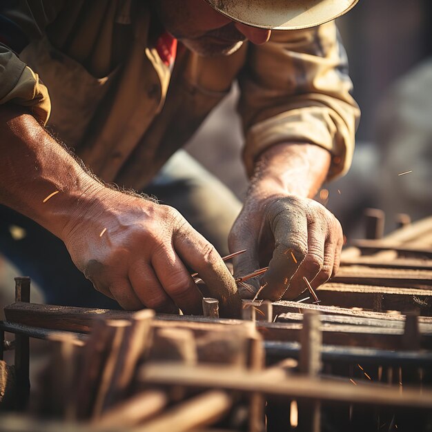 Sur le chantier de construction, les bâtisseurs fixent des barres d'acier d'armature Ai générative