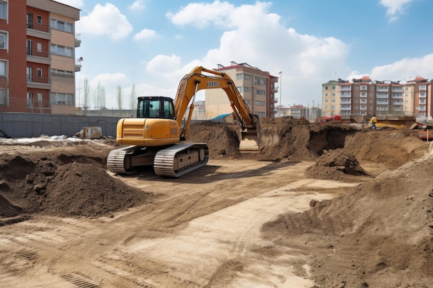 Chantier de construction avec un bulldozer creusant de nouvelles fondations pour un bâtiment créé avec une IA générative