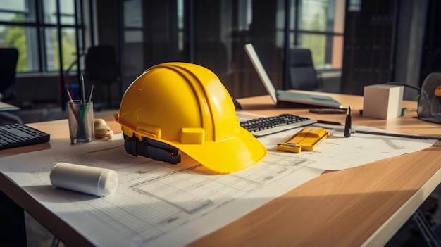 Un chantier de construction avec un casque jaune et une paire de lunettes sur un bureau.