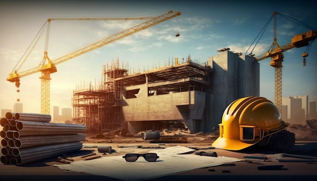 Un chantier de construction avec un casque jaune et un panneau bleu qui dit "construction"