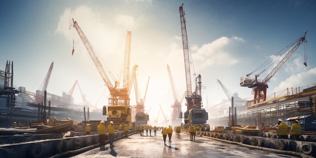 Chantier de construction dynamique avec plusieurs grues en action IA générative