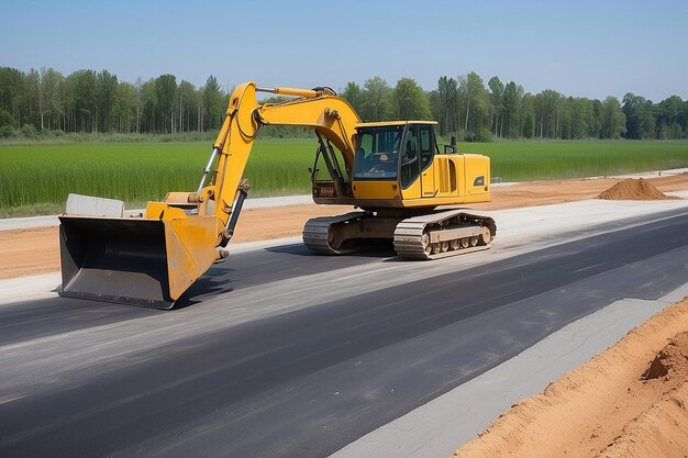 Le chantier de construction est en train de poser un nouveau trottoir d'asphalte. Travailleurs de la construction routière et machines de construction routières. Scène paysage du chantier d'autoroute.