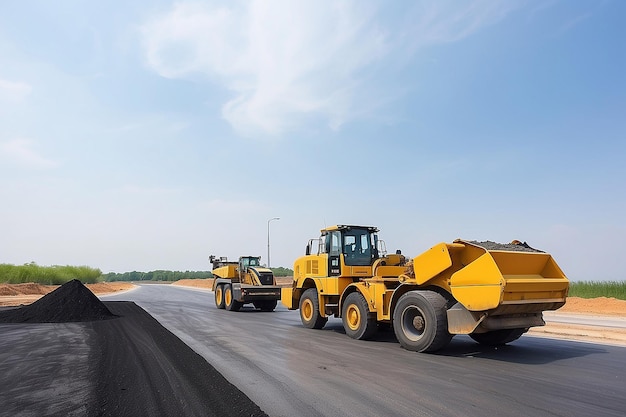 Le chantier de construction est en train de poser un nouveau trottoir d'asphalte. Travailleurs de la construction routière et machines de construction routières. Scène paysage du chantier d'autoroute.