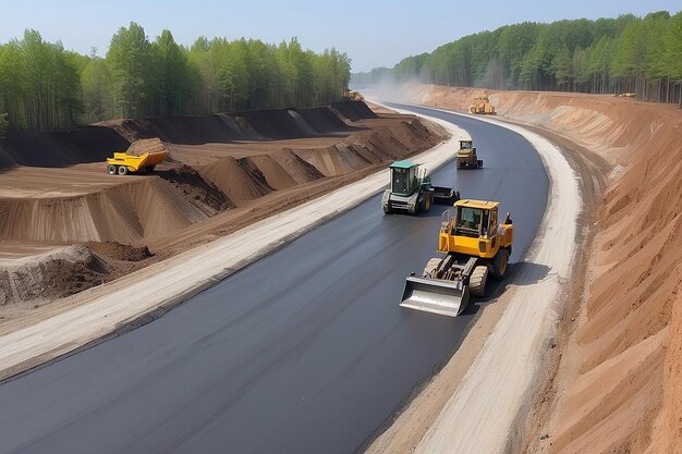 Le chantier de construction est en train de poser un nouveau trottoir d'asphalte. Travailleurs de la construction routière et machines de construction routières. Scène paysage du chantier d'autoroute.