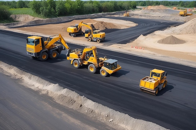 Le chantier de construction est en train de poser un nouveau trottoir d'asphalte. Travailleurs de la construction routière et machines de construction routières. Scène paysage du chantier d'autoroute.