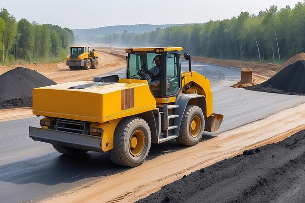 Le chantier de construction est en train de poser un nouveau trottoir d'asphalte. Travailleurs de la construction routière et machines de construction routières. Scène paysage du chantier d'autoroute.