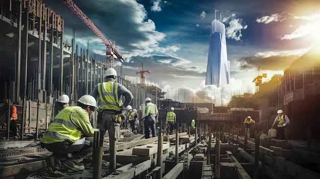 un chantier de construction avec un fond de ciel et des ouvriers de la construction