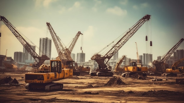 Un chantier de construction avec un gros bulldozer jaune au sol.