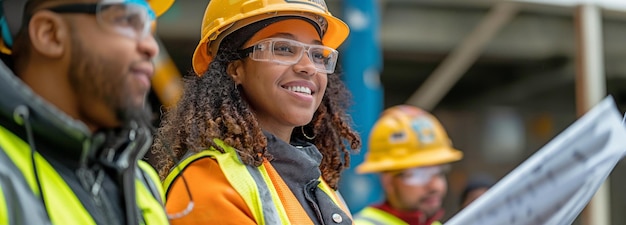 Sur un chantier de construction, un groupe diversifié d'ouvriers portant des équipements de sécurité parle de plans au lieu de plans.