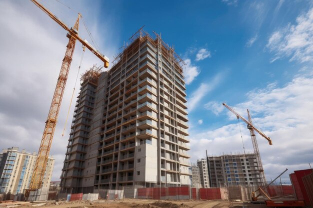 Chantier de construction avec grue imposante travaillant sur un immeuble de grande hauteur créé avec une IA générative