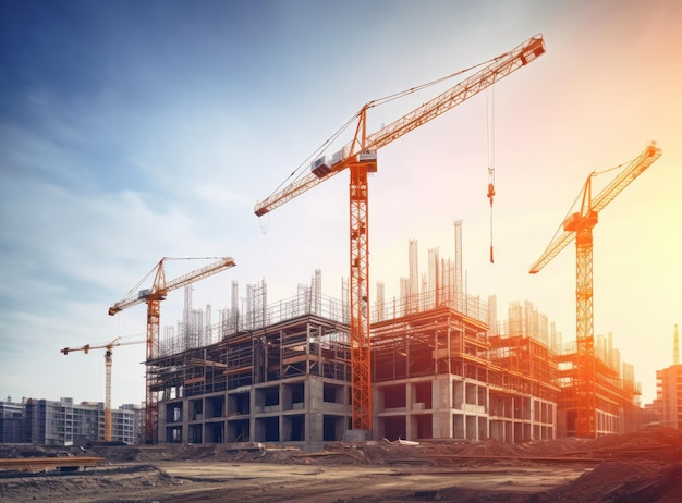 Chantier de construction avec des grues au sommet des bâtiments