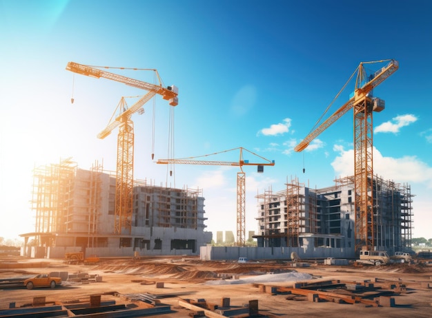 Chantier de construction avec des grues au sommet des bâtiments