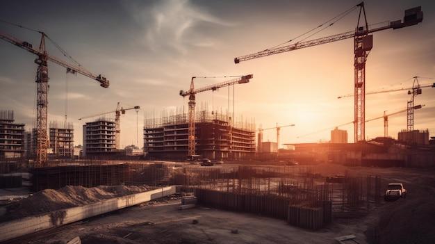 Un chantier de construction avec des grues et un ciel au coucher du soleil