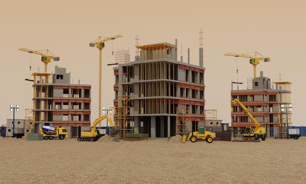 Chantier de construction avec grues et gratte-ciel et excavatrices avec rendu grader3D