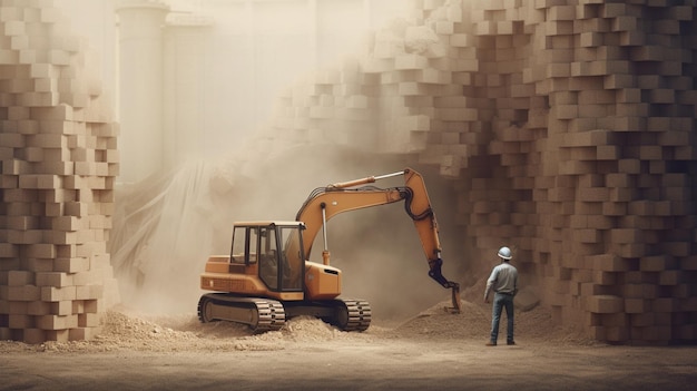 Un chantier de construction avec un homme portant un casque et une grande excavatrice en arrière-plan.