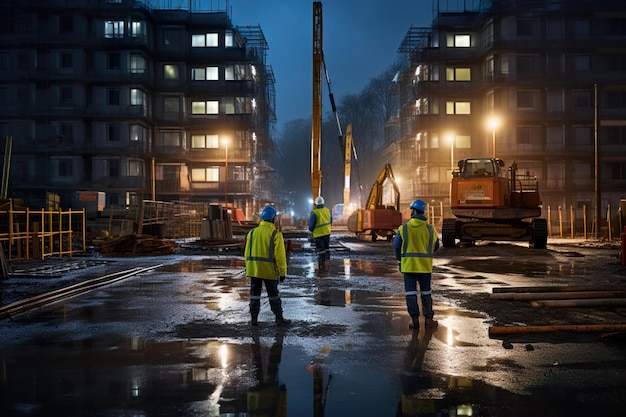 chantier de construction la nuit avec grues et ouvrier du bâtiment la nuit