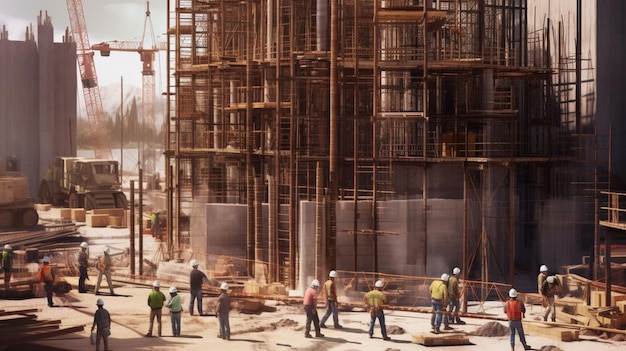 Un chantier de construction avec des ouvriers en casque