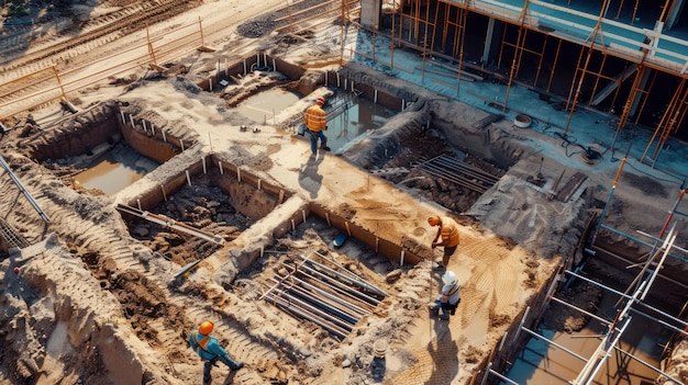 Photo un chantier de construction avec des ouvriers posant les fondations d'un nouveau développement symbolisant