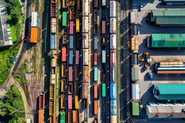 Un chantier ferroviaire très fréquenté, rempli de wagons