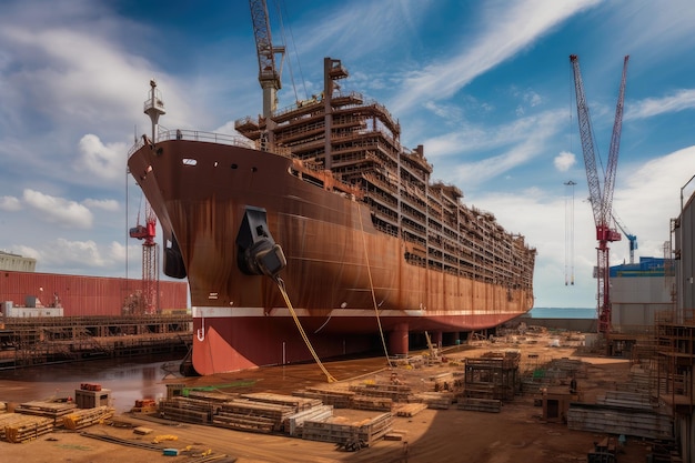 Chantier naval avec navire massif en cours de construction à partir de la quille créé avec générative ai