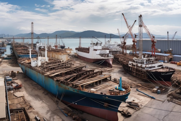 Chantier naval avec des navires de différentes tailles en construction et en réparation