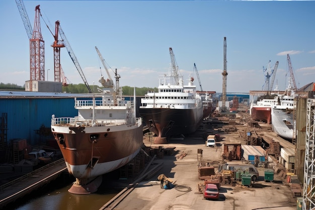 Chantier naval avec des navires à divers stades de construction et de réparation