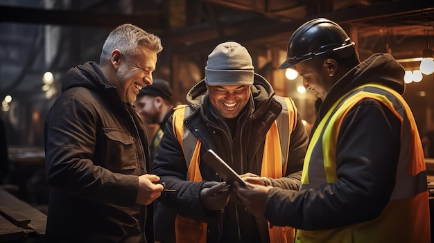 Sur un chantier, des ouvriers heureux inspectent leurs tablettes et leurs smartphones.