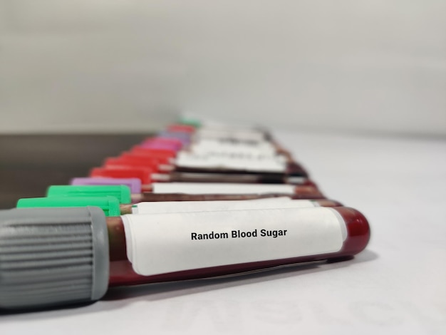 Échantillon de sang pour le test Random Blood Sugar (RBS). Un concept de test médical avec divers tubes à essai.