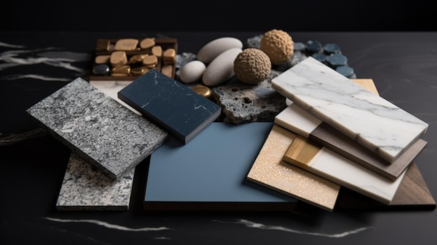 Échantillons de matériaux Planche d'humeur en bois chaud bleu gris blanc noir or