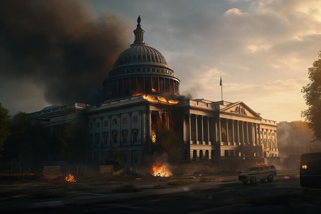 Chaos le Capitole des États-Unis brûlant une IA générative