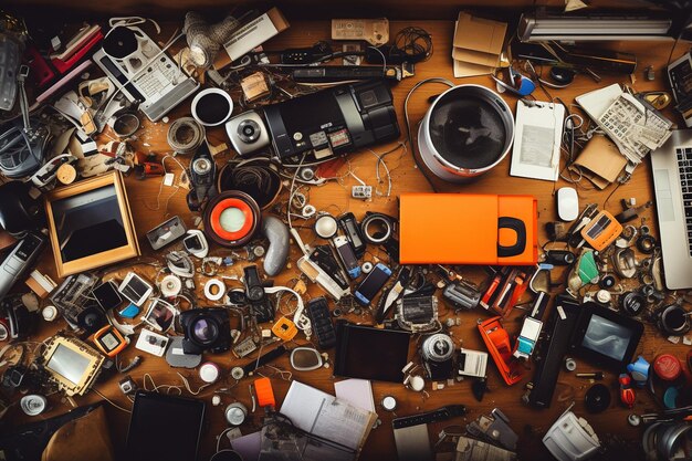 Photo chaos créatif espace de travail en désordre vue supérieure avec des gadgets