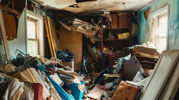 Le chaos règne dans une pièce encombrée de vestiges d'une époque passée.