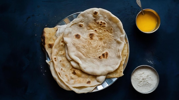 Chapati ou roti de pain plat indien fait maison avec de l'eau de farine de beurre et de ghee