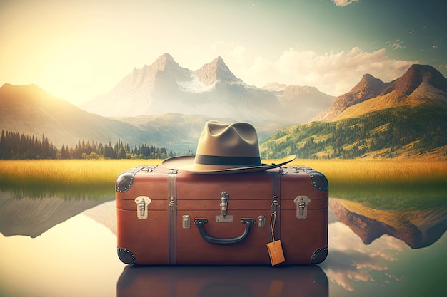Photo chapeau allongé sur une valise de voyage en cuir sur fond de montagnes