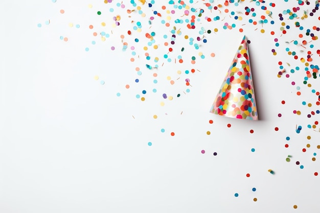 chapeau d'anniversaire avec des confettis sur fond de papier plat