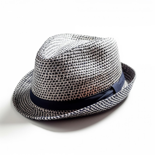 Un chapeau avec une bande bleue est sur un fond blanc.
