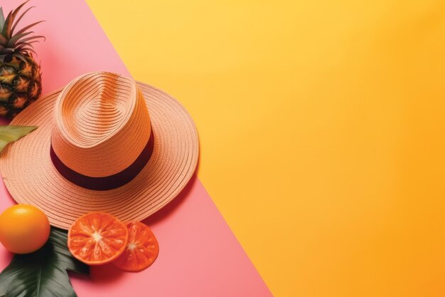 Un chapeau avec une bande rouge et orange sur un fond rose et jaune.