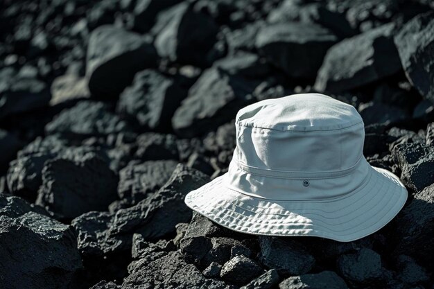 un chapeau blanc posé au sommet d'un tas de rochers