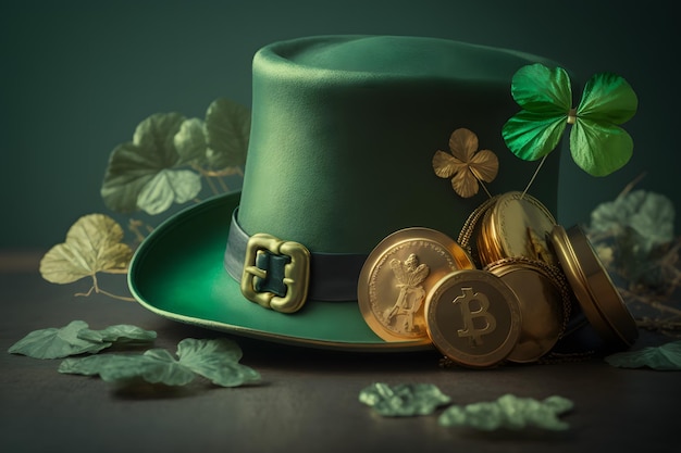 Un chapeau avec un chapeau vert et des pièces d'or dessus