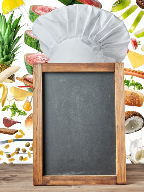 Chapeau de chef sur tableau noir vide avec des ingrédients alimentaires à l'arrière-plan