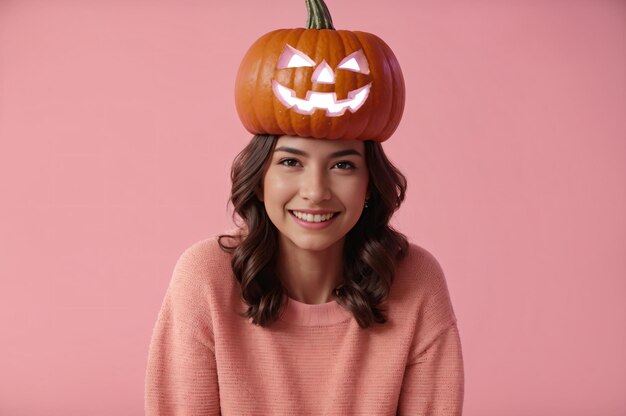 chapeau de citrouille d'halloween femme souriante sur fond rose célébrant avec des couleurs orange et rose