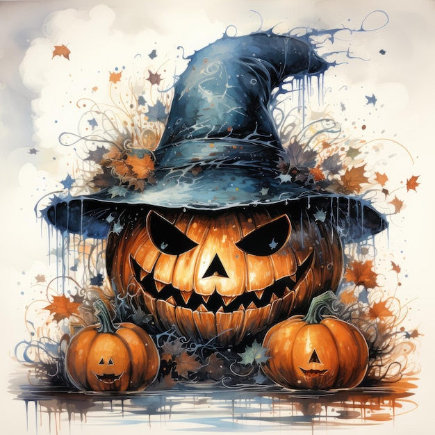 Chapeau de citrouille illustration d'Halloween œuvre d'art d'horreur effrayante tatouage isolé dessin animé fantastique effrayant