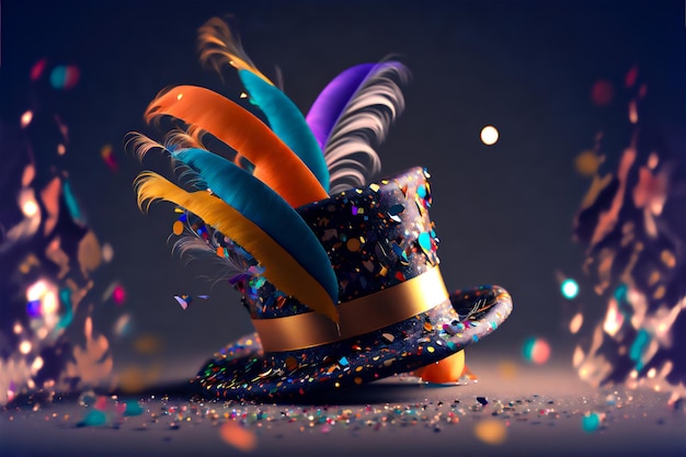 chapeau avec des confettis de carnaval et des plumes