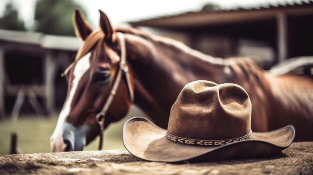 Un chapeau de cow-boy et un cheval sont dans une écurie.