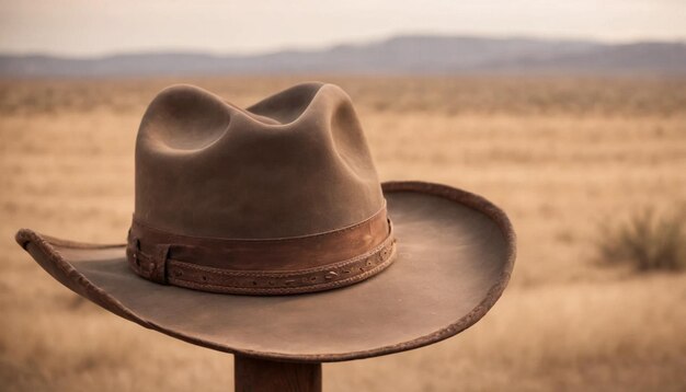 Photo chapeau de cow-boy sur une table en bois à la campagne focus sélectif